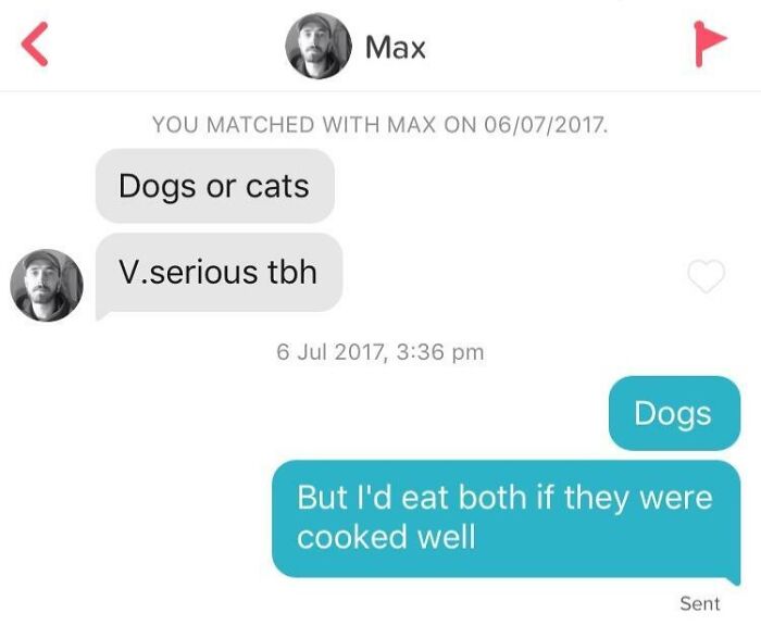 Humorous Tinder post with a conversation about dogs and cats, ending with a quirky food preference.