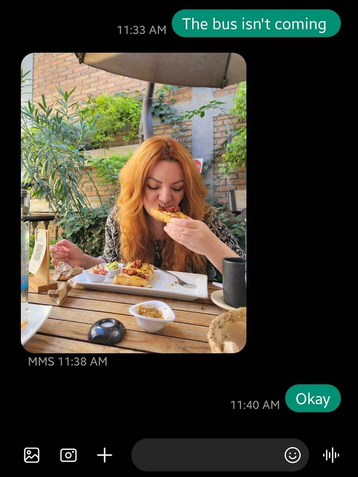 Person eating at an outdoor table with a text overlay about bus delay, highlighting infuriating family interactions.