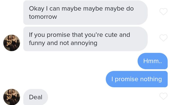 Humorous Tinder post with a playful conversation about promises and cuteness.