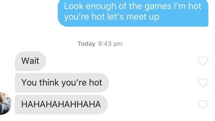 Humorous Tinder post featuring a playful conversation about meeting up, with laughter-filled reply.