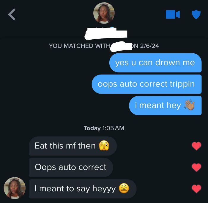 Humorous Tinder chat with funny autocorrect mistakes and emojis, highlighting a playful exchange.