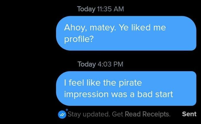 Chat screenshot with humorous Tinder post about a pirate impression.