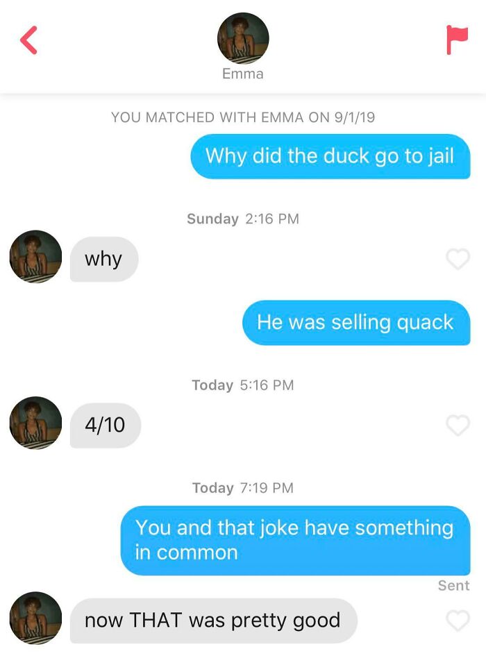 Humorous Tinder post featuring a joke about a duck and playful banter between two users.