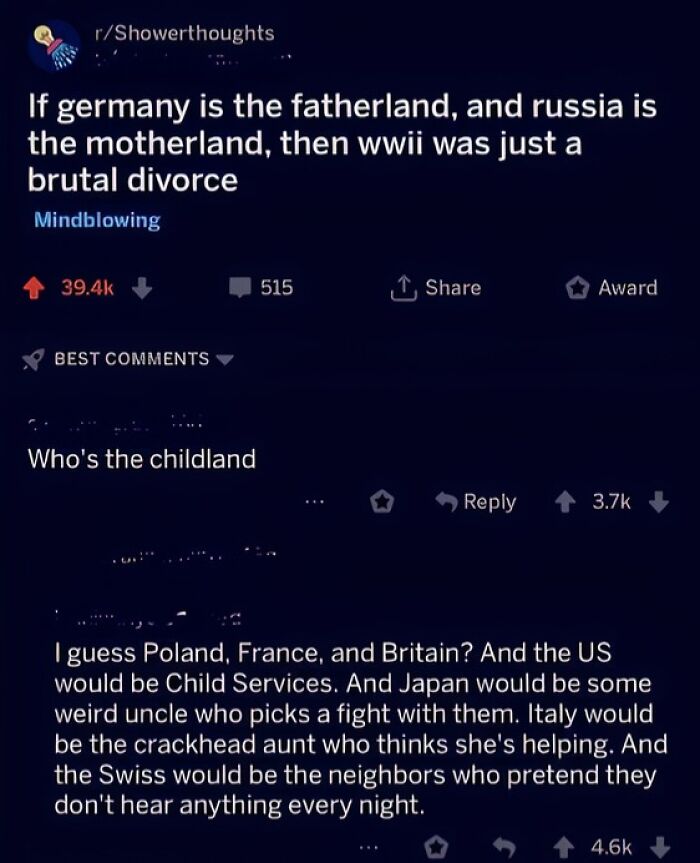 Humorous historical meme comparing WWII to a family scenario with countries as family members.