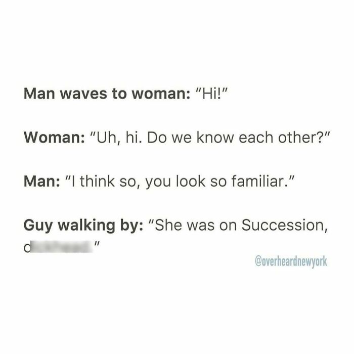 Excerpt of a wild NYC conversation where strangers discuss recognition and TV show references.