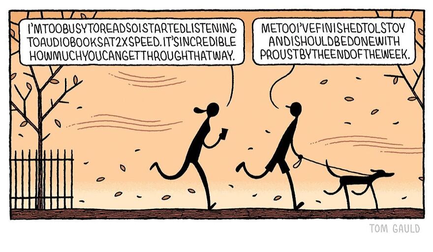 Humorous comic by Tom Gauld showing book lovers discussing listening to audiobooks at 2x speed while walking outside.