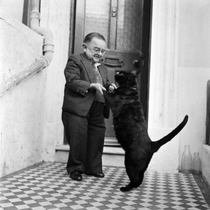 A man in a suit joyfully interacts with a cat on its hind legs, highlighting vintage pet family bonds.