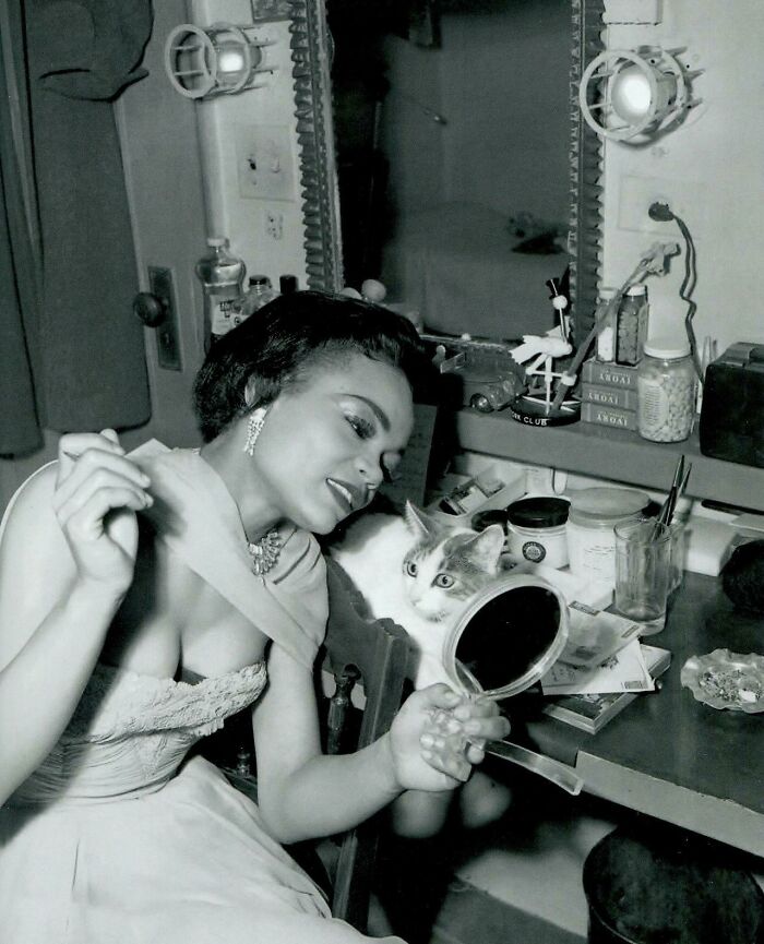 A woman in a glamorous dress holds a mirror at a vanity, with a cat beside her, showcasing vintage pet family bond.