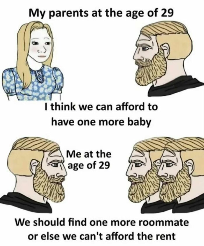 Men's humor meme comparing life at age 29: parents discuss having a baby, while the next generation talks about affording rent.