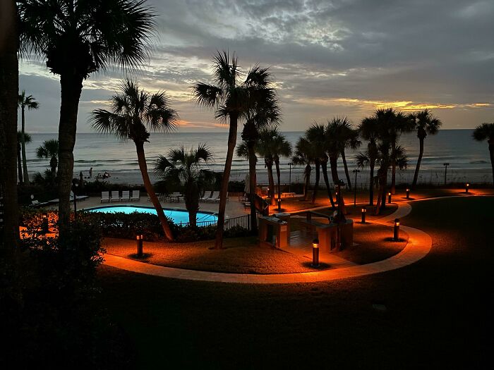 Palm trees and a pool by the beach at sunset, creating a relaxing atmosphere for an amazing mothers-in-law retreat.