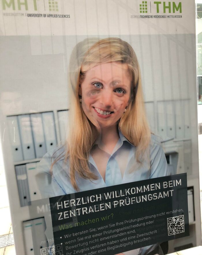 A funny ad fail with a misaligned double exposure of a woman's face, creating a humorous effect.