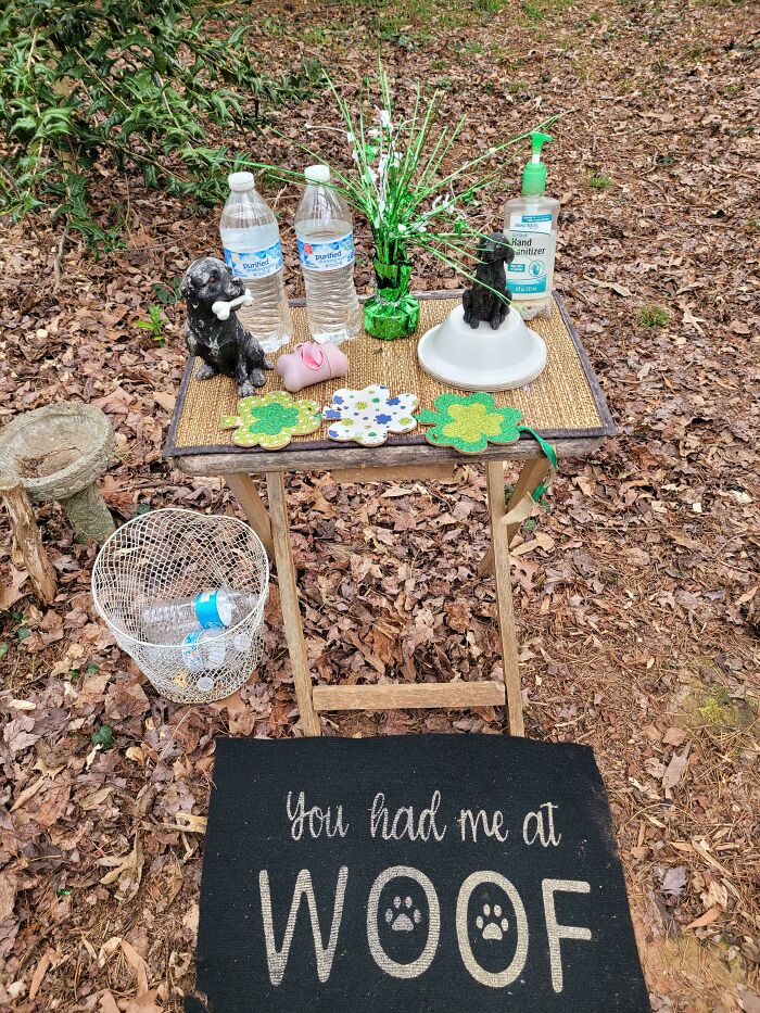 Outdoor table with dog figurines, water bottles, and sanitizer. Doormat reads "You had me at WOOF." Perfect for amazing mothers-in-law.