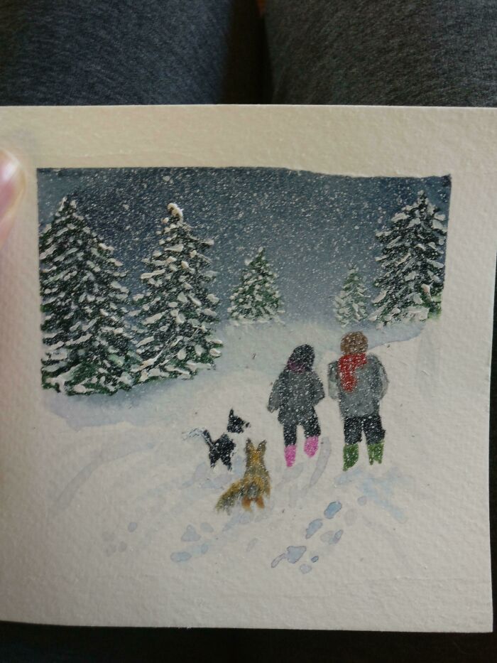 Watercolor of a winter walk with two figures and dogs among snowy trees, highlighting amazing mothers-in-law.