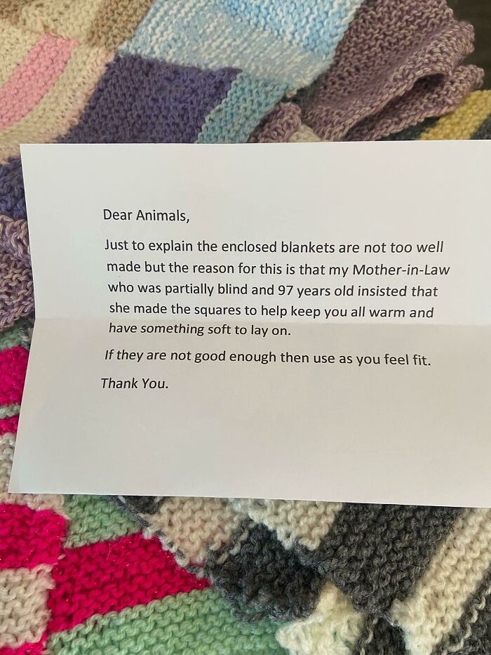 Note on colorful knitted blankets from an amazing mother-in-law, explaining their handmade quality.