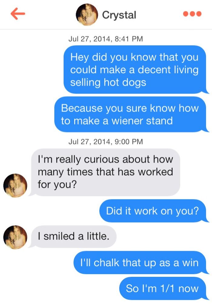 Humorous Tinder post with playful conversation involving a hot dog joke, resulting in laughter and a sense of victory.