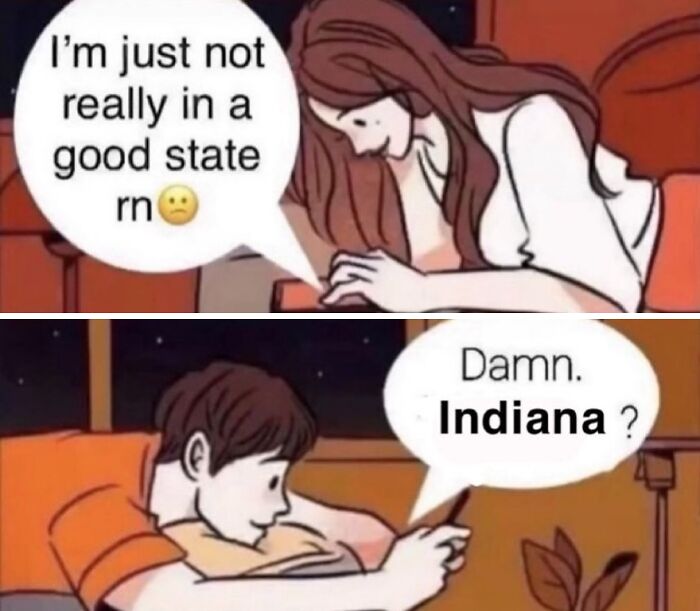 Cartoon highlighting Midwest humor with a woman texting about not feeling good and a man responding, “D**n. Indiana?”