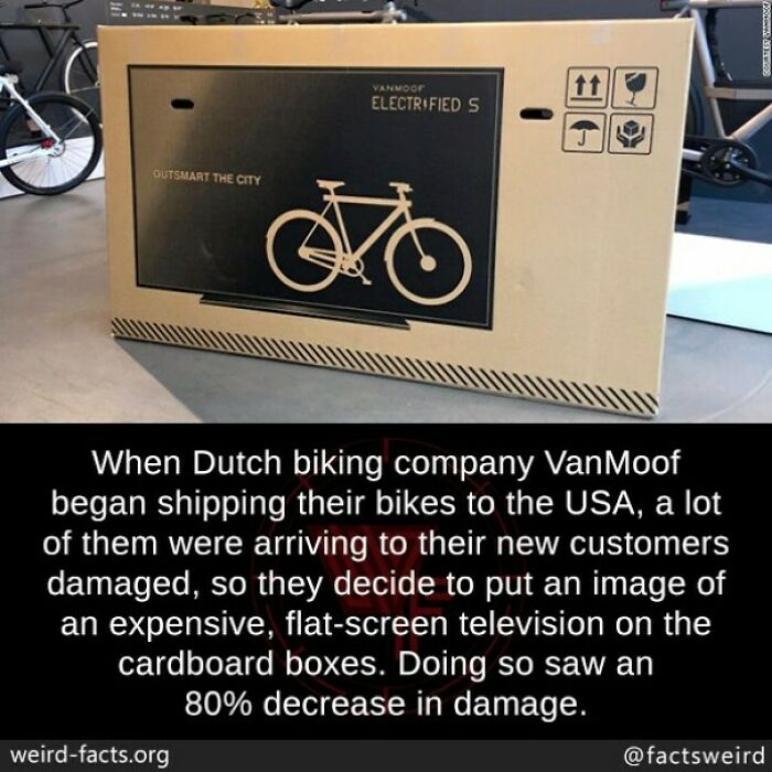 VanMoof bike box with TV image, reducing damage by 80%. A random fact highlighting clever packaging strategy.