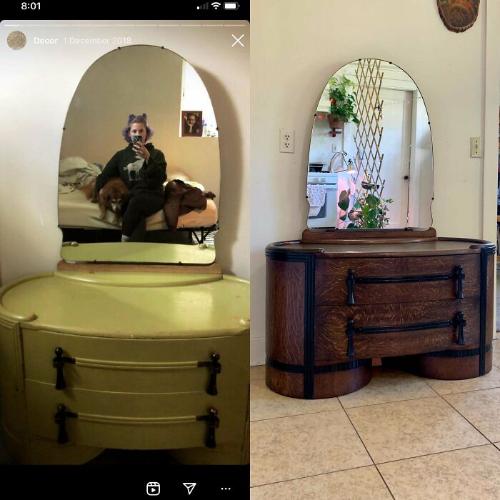 Restored vintage vanity before and after, highlighting the transformation in wood and detail in restoration.
