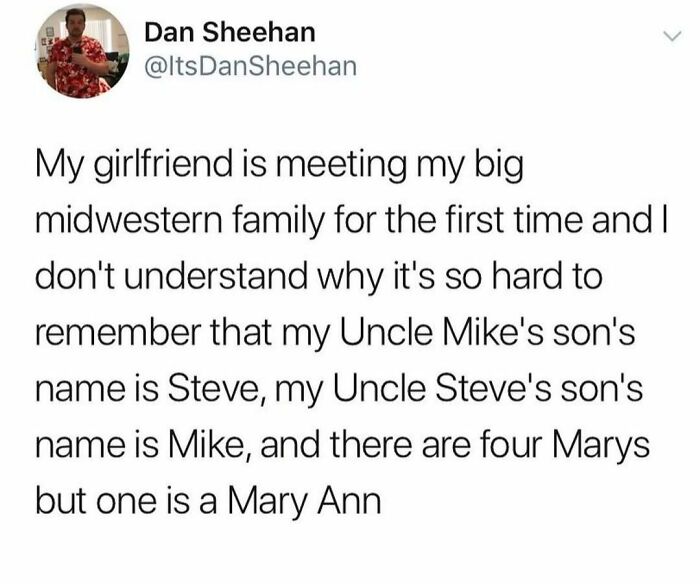Tweet humorously depicting the complexity of Midwest family names.