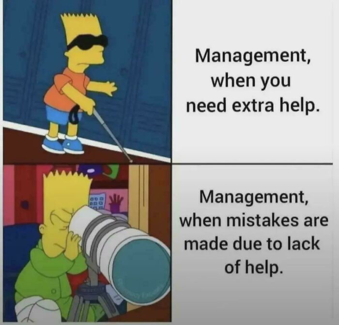 Hilarious image of cartoon character using walking stick and telescope, highlighting contradictory management behavior.