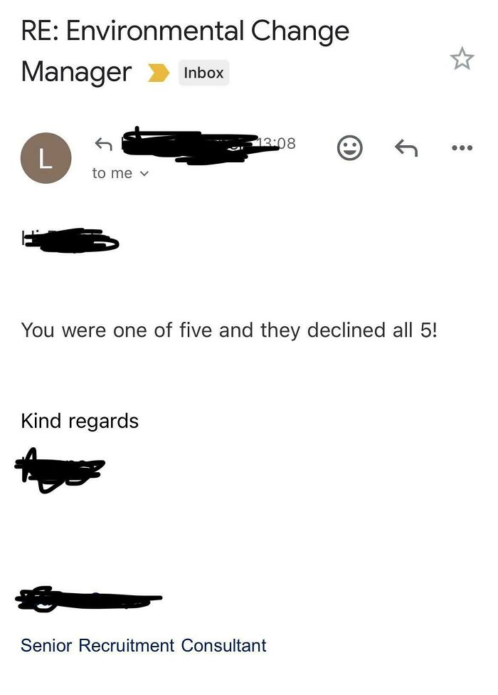 Email showing a job rejection for five candidates by a senior recruitment consultant, highlighting recruiting challenges.