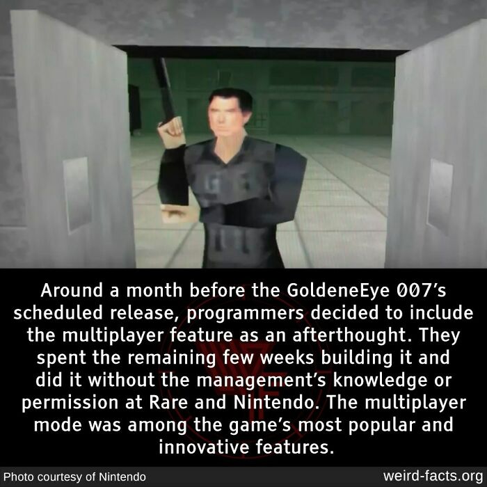 Game character with text about the last-minute addition of a multiplayer feature to GoldenEye 007, a weird fact about its development.