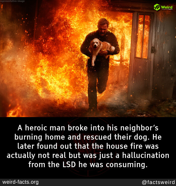 Heroic man carries dog through flames, unaware it's an LSD-induced hallucination. Weird facts.