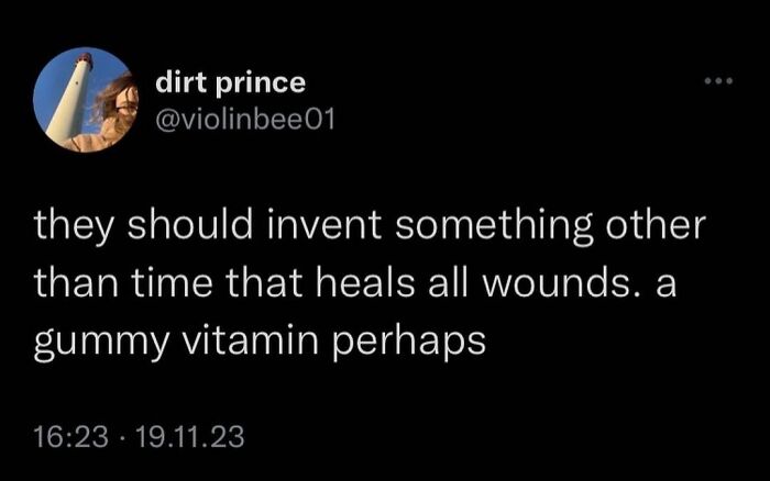 Text post humorously suggesting vitamins that heal all wounds. Funny memes idea.