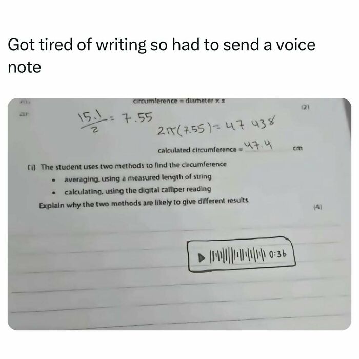 Homework with a voice note icon, text says, "Got tired of writing so had to send a voice note." College confessions meme.