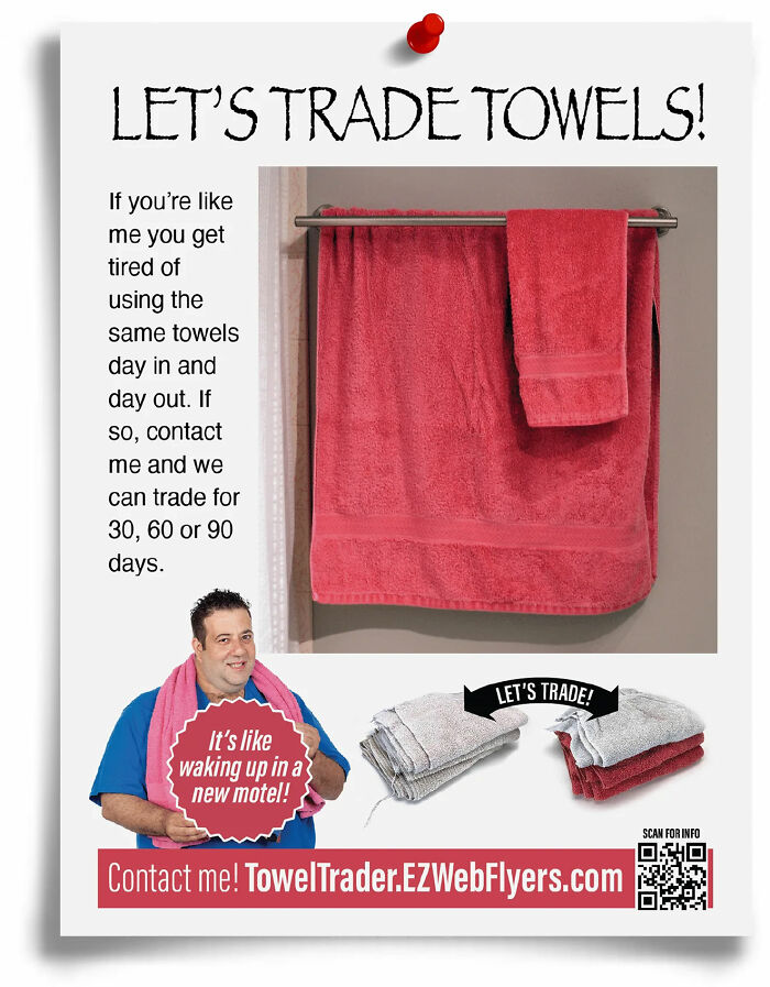 Fake flyer for Prank-O featuring a towel exchange concept with a man holding a towel and a contact link for TowelTrader.