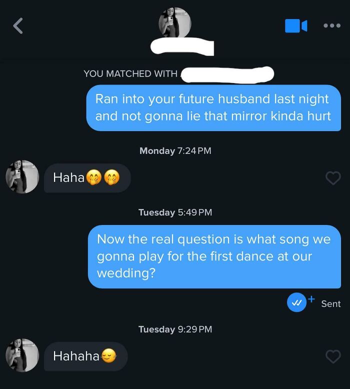 Chat exchange showcasing humorous Tinder posts about future husband and wedding dance song.
