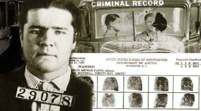 Vintage mugshot collage with criminal record and fingerprints, likely an image not seen in history textbooks.