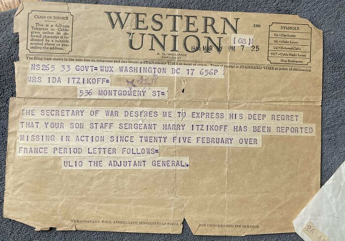 Western Union telegram reporting a soldier missing in action during WWII, dated March 19, 1944.