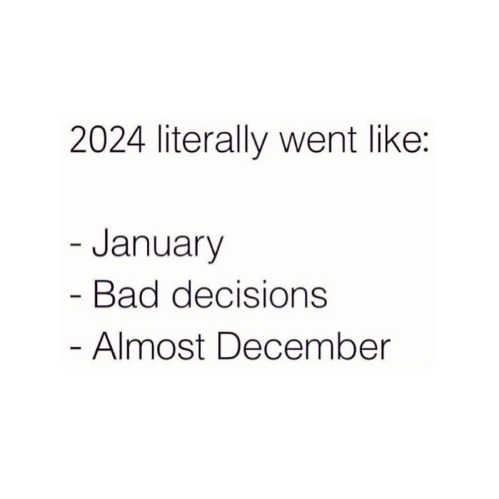 Text meme humorously summarizing 2024 with "January, Bad decisions, Almost December."