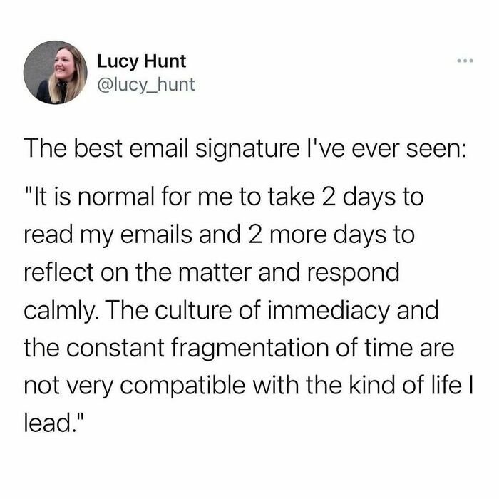 Funny meme about an email signature highlighting delay in responses, reflecting on immediacy culture and life's pace.
