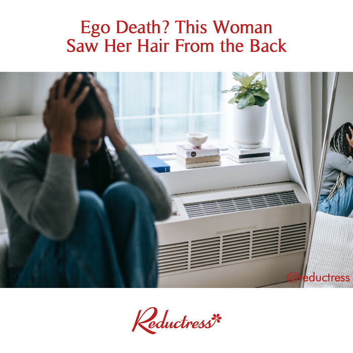Woman sitting near mirror, holding head in hands, with humorous fake headline about hair reflection.