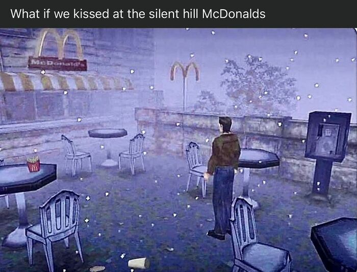 Man standing in foggy outdoor McDonald's scene from a video game, with empty tables and chairs, evoking eerie nostalgia.