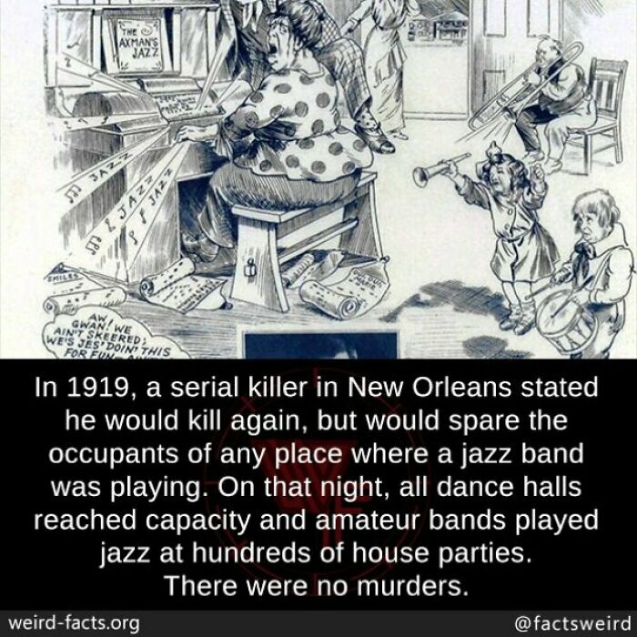 Cartoon depicting jazz bands playing to prevent a New Orleans serial killer's threat in 1919.