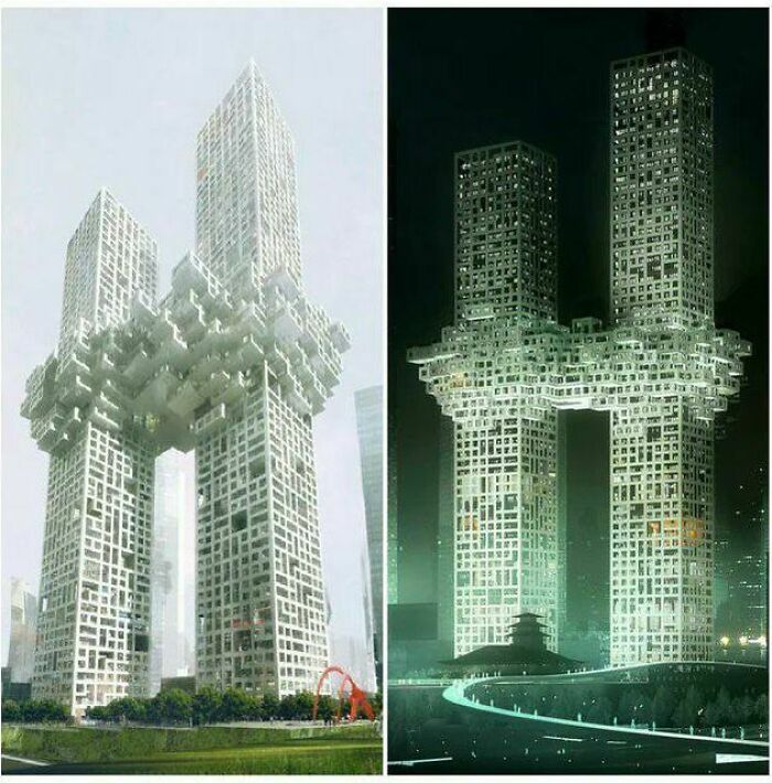 Futuristic twin towers with an eerie design and glowing lights, resembling buildings with evil auras and supervillain headquarters.