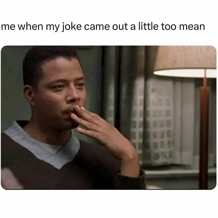 Man contemplating with hand on mouth, reacting humorously to a joke; meme for laughter and relatability.