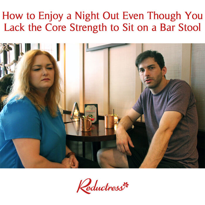 Two people seated at a table in a cafe, with humorous fake headline text about enjoying a night out.