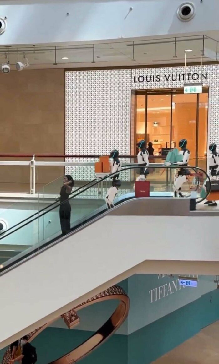 Escalator scene in a mall near high-end stores like Louis Vuitton, highlighting consumerism.