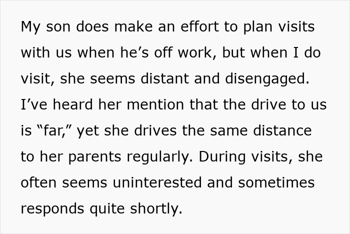 Text screenshot about a woman's concerns regarding her distant daughter-in-law. Text screenshot about a woman's concerns regarding her distant daughter-in-law.