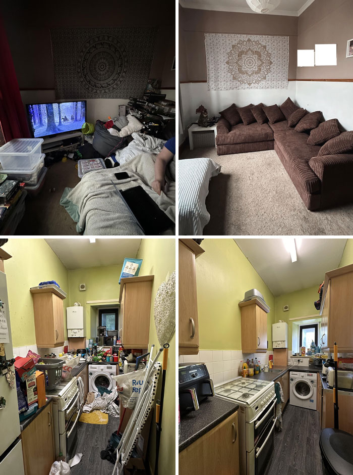 Before-after-cleaning pictures of a living room and kitchen, showing cluttered spaces transformed into tidy, organized areas.