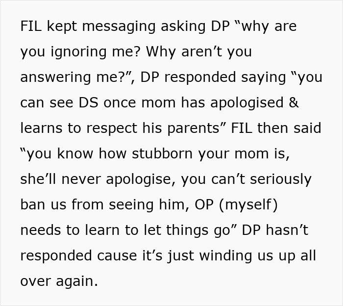 Text conversation about a grandmother's mistreatment leading to being banned from seeing her grandkid.