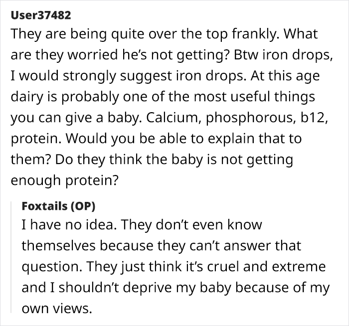 Screenshot of a discussion about a vegetarian mom worried about her baby&rsquo;s diet, seeking advice online.