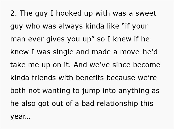 Text about a woman's hookup experience after ending a long relationship.