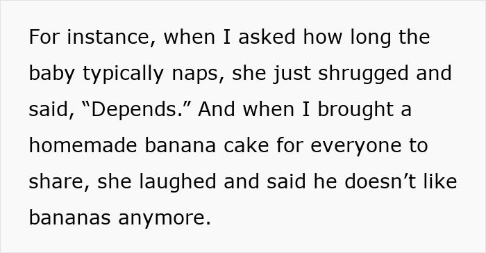 Text about daughter-in-law being secretive with mother-in-law over baby nap habits and banana cake. Text about daughter-in-law being secretive with mother-in-law over baby nap habits and banana cake.