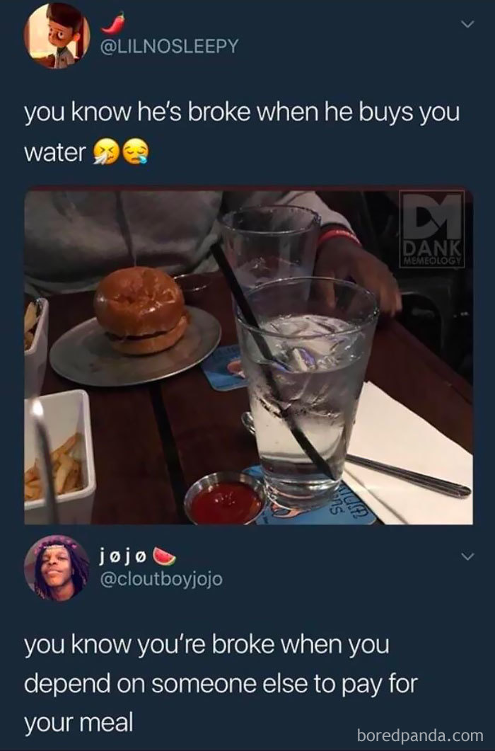 A "choosing beggar" meme with a burger, water, and social media comments about being broke.