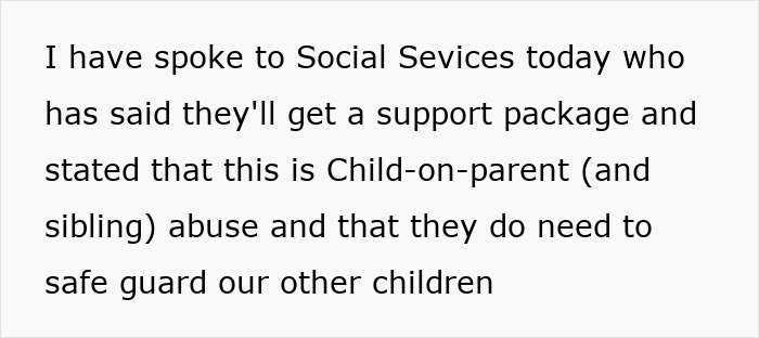 Text discussing support package for child-on-parent and sibling abuse by autistic son. Text discussing support package for child-on-parent and sibling abuse by autistic son.